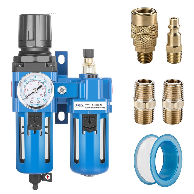 NANPU 3/8" NPT Compressed Air Filter Regulator Lubricator Combo, Water/Oil Trap Separator - Gauge(0-150 psi), Poly Bowl, Manual Drain, Bracket - AC3010-03M - Image 1